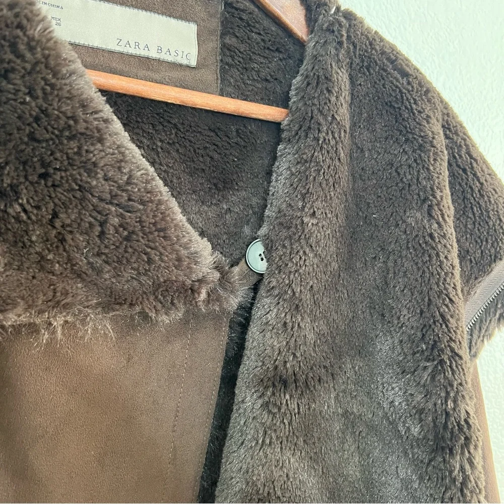 Zara Brown Faux Suede Shearling Coat Size S - Picture 7 of 11